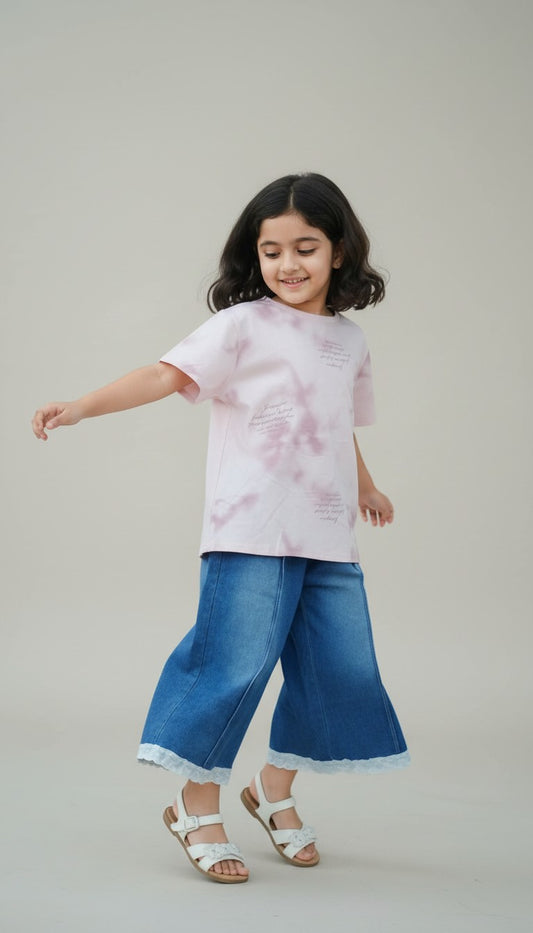 Girls Pink Tie-Dye Denim Jeans Set