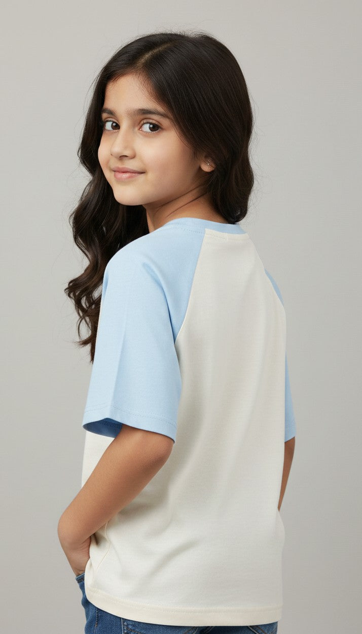Girls White Sky Blue Raglan Tee