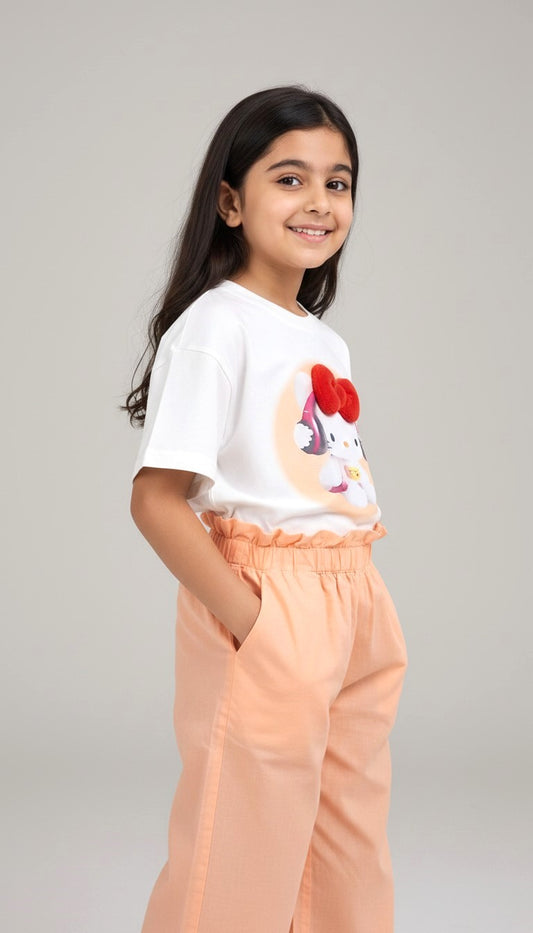 White Tee & Peach Ruffle Shorts