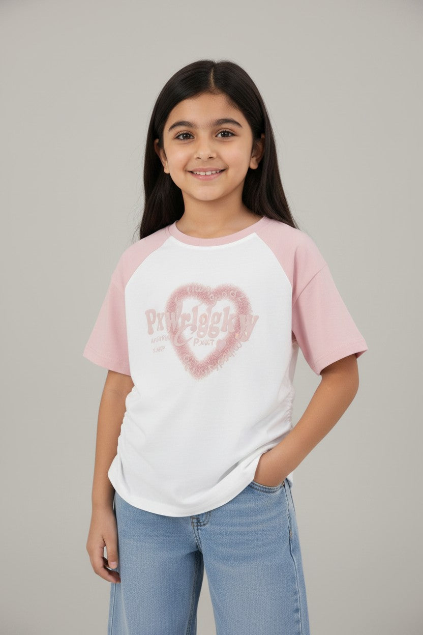 Girls Pink Raglan Heart Graphic Tee
