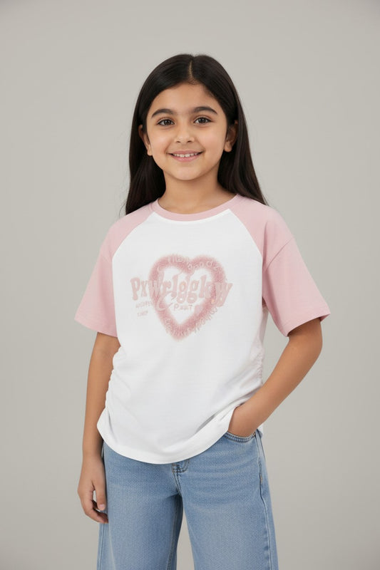 Girls Pink Raglan Heart Graphic Tee