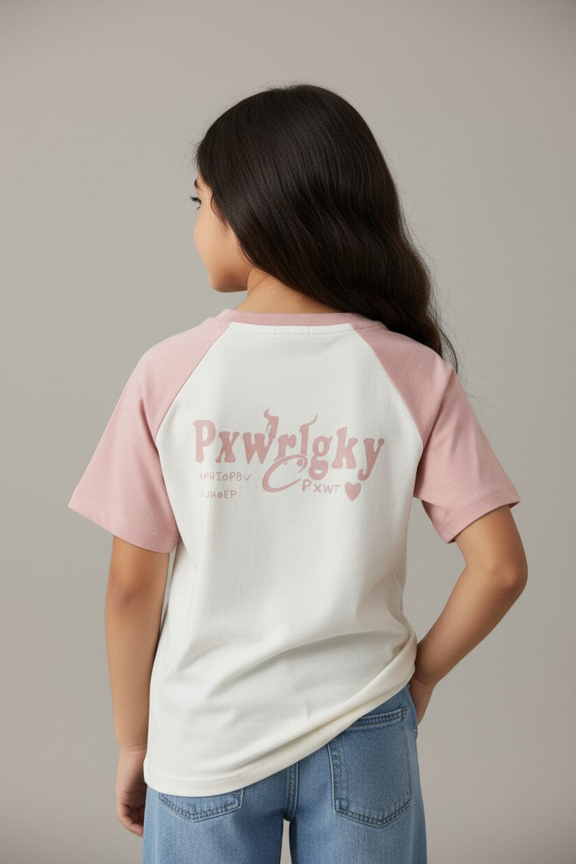Girls Pink Raglan Heart Graphic Tee