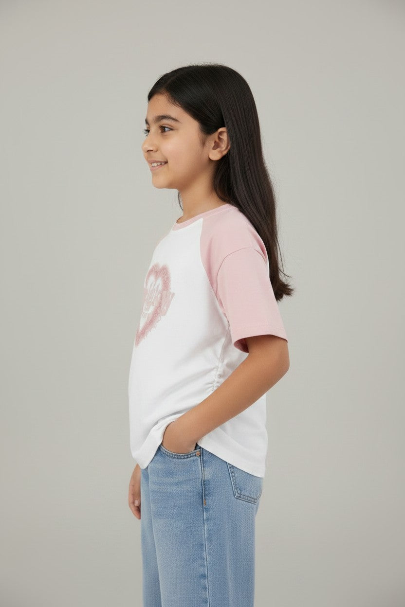 Girls Pink Raglan Heart Graphic Tee
