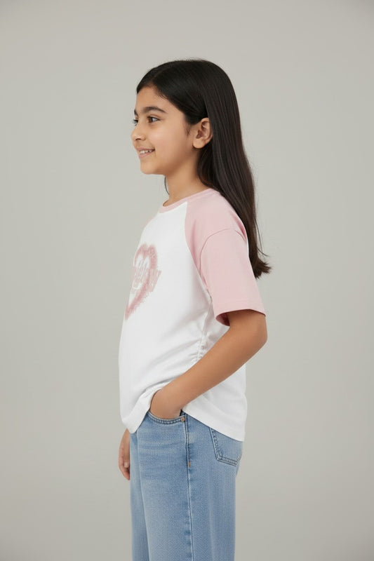Girls Pink Raglan Heart Graphic Tee