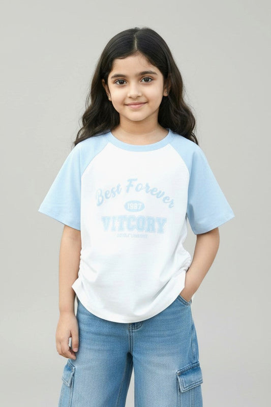 Girls White Sky Blue Raglan Tee