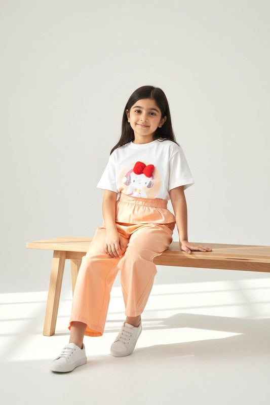 White Tee & Peach Ruffle Shorts
