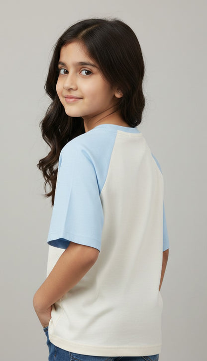 Girls White Sky Blue Raglan Tee