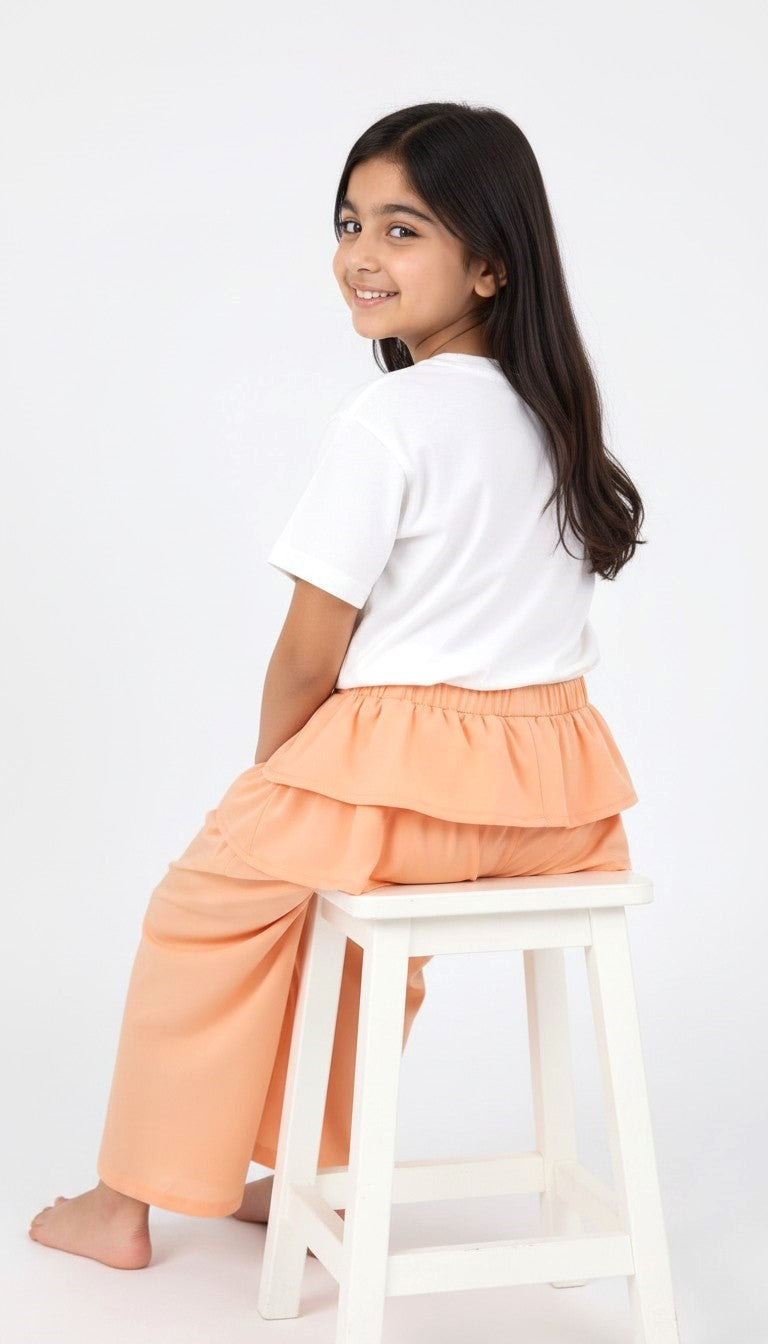 White Tee & Peach Ruffle Shorts