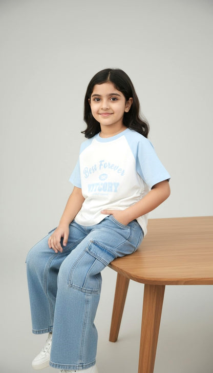 Girls White Sky Blue Raglan Tee
